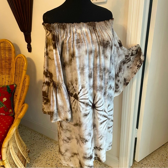 Sacred Threads TIE DYE Boho Brown Woven Rayon Tie Dye Off Shoulder Dress. Medium - Picture 4 of 14